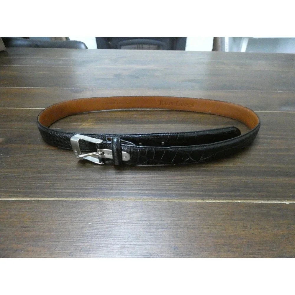 Ralph Lauren Womens S Black Alligator Leather Belt Silver Color Logo Buckle 32